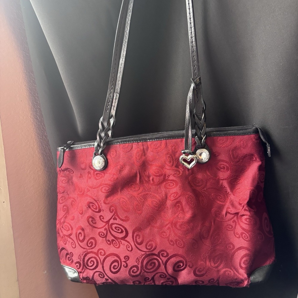 Brighton Red Jacquard Swirl Canvas Tote Handbag Silver Heart Charm C261155